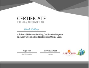 Certificate for Prof. DINESH WADHWA for GREEN BUILIDING by ASSOCHAM