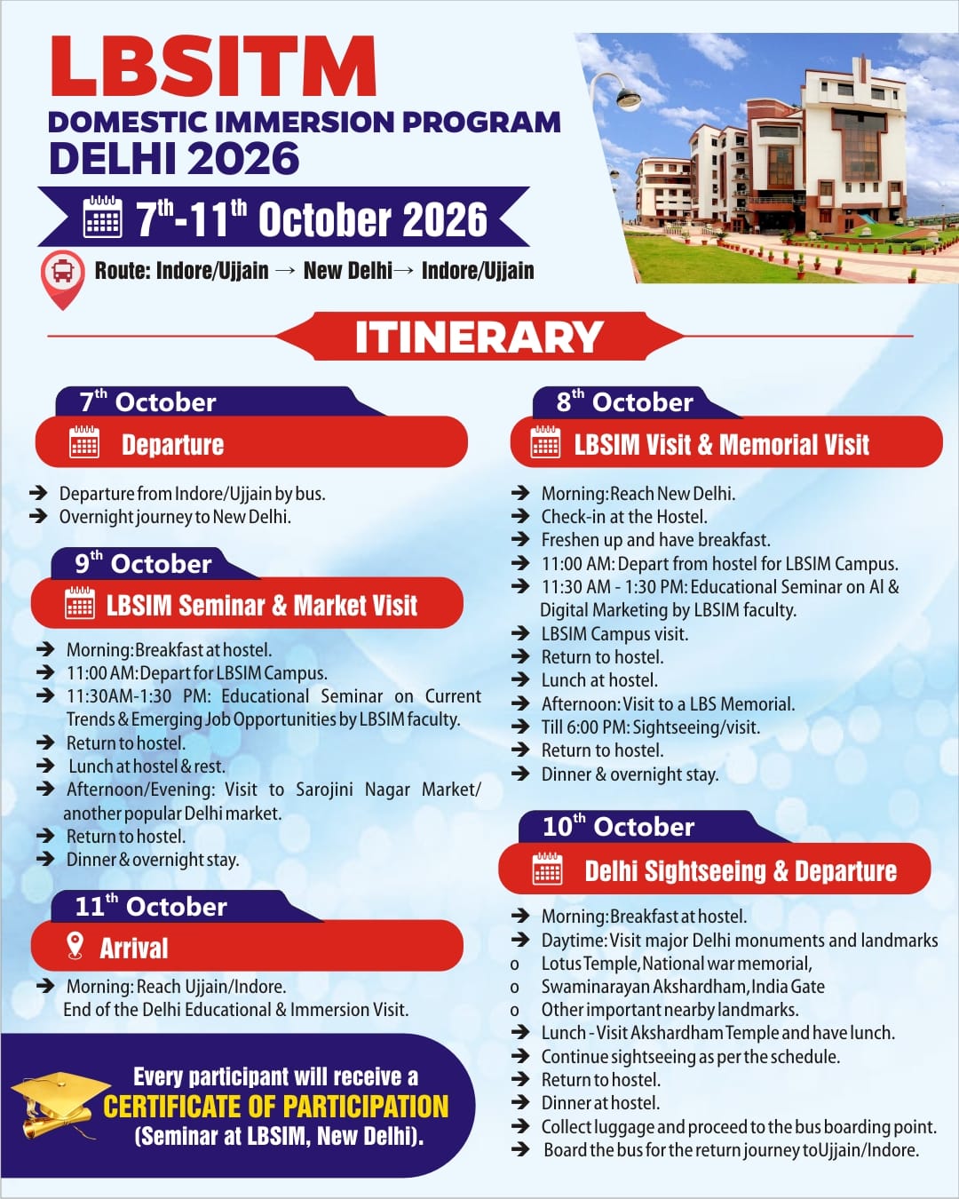 LBSITM Delhi Immersion Program itinerary, 7–11 October 2026